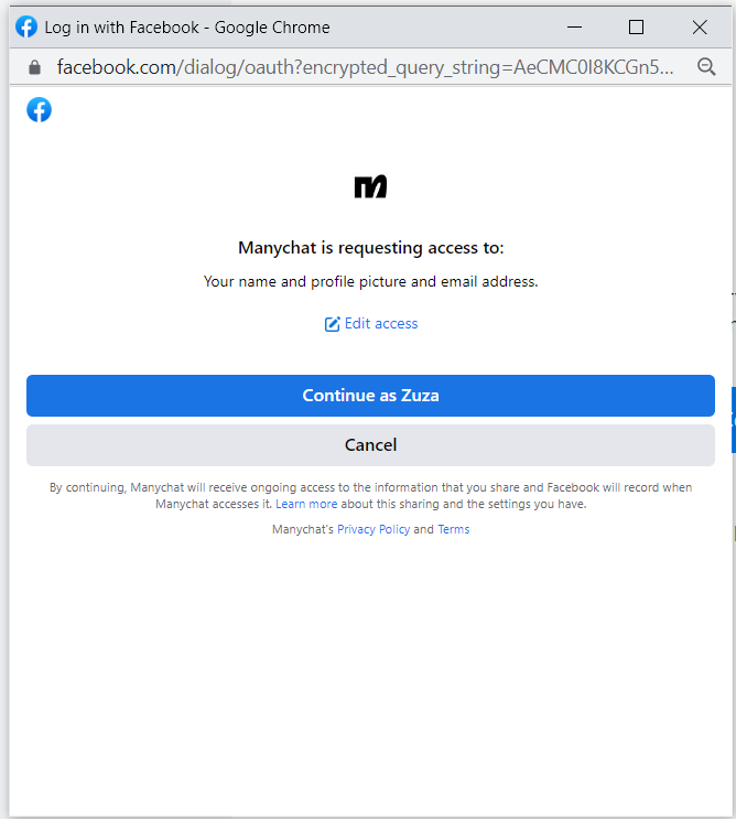 Manychat请求访问Facebook